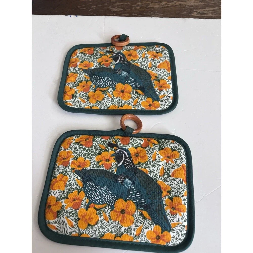 Vintage Kay Dee Designs California Quail Poppy Potholders Quilted Set of 2 NEW